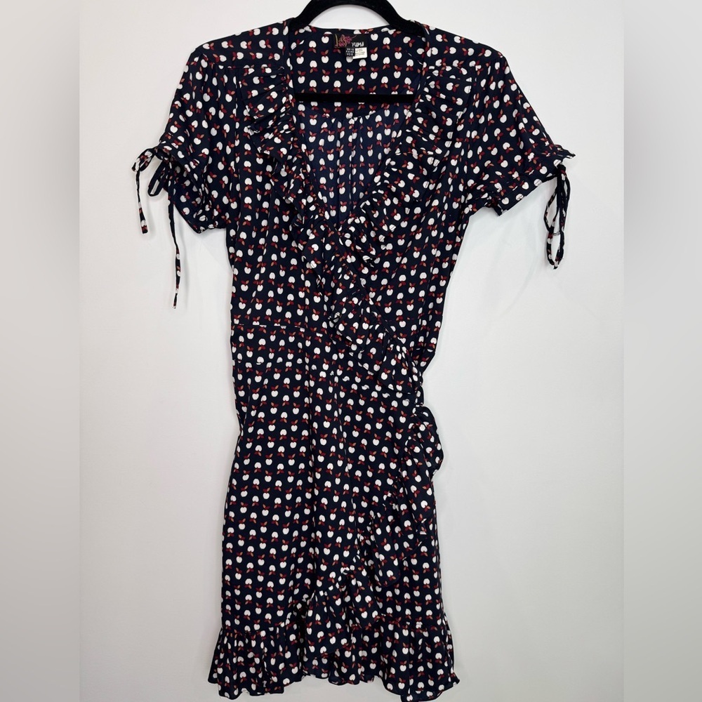 Yumi Navy and White mini apple print novelty Patterned wrap Dress size 8